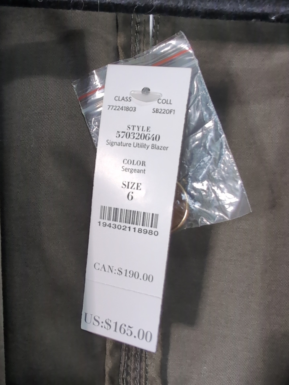 White House Black Market Signature Utility Blazer Size 6 NWT Sergeant Olive Gold - Picture 5 of 5